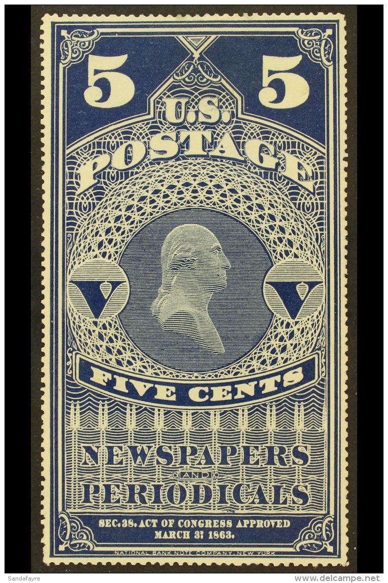 NEWSPAPER 1875 5c Dark Blue, Scott PR5, Unused No Gum, Particularly Crisp And Fresh Example, Usual Minor Thins.... - Other & Unclassified