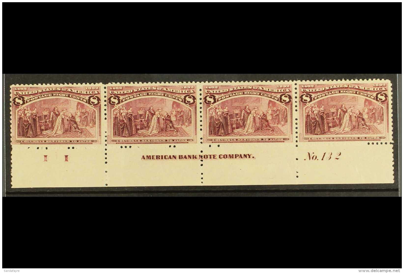 1893 8c Magenta Columbian Expo, SG 241 (Scott 236), Plate Number Strip Of Four With Full Imprint And Letter,... - Other & Unclassified