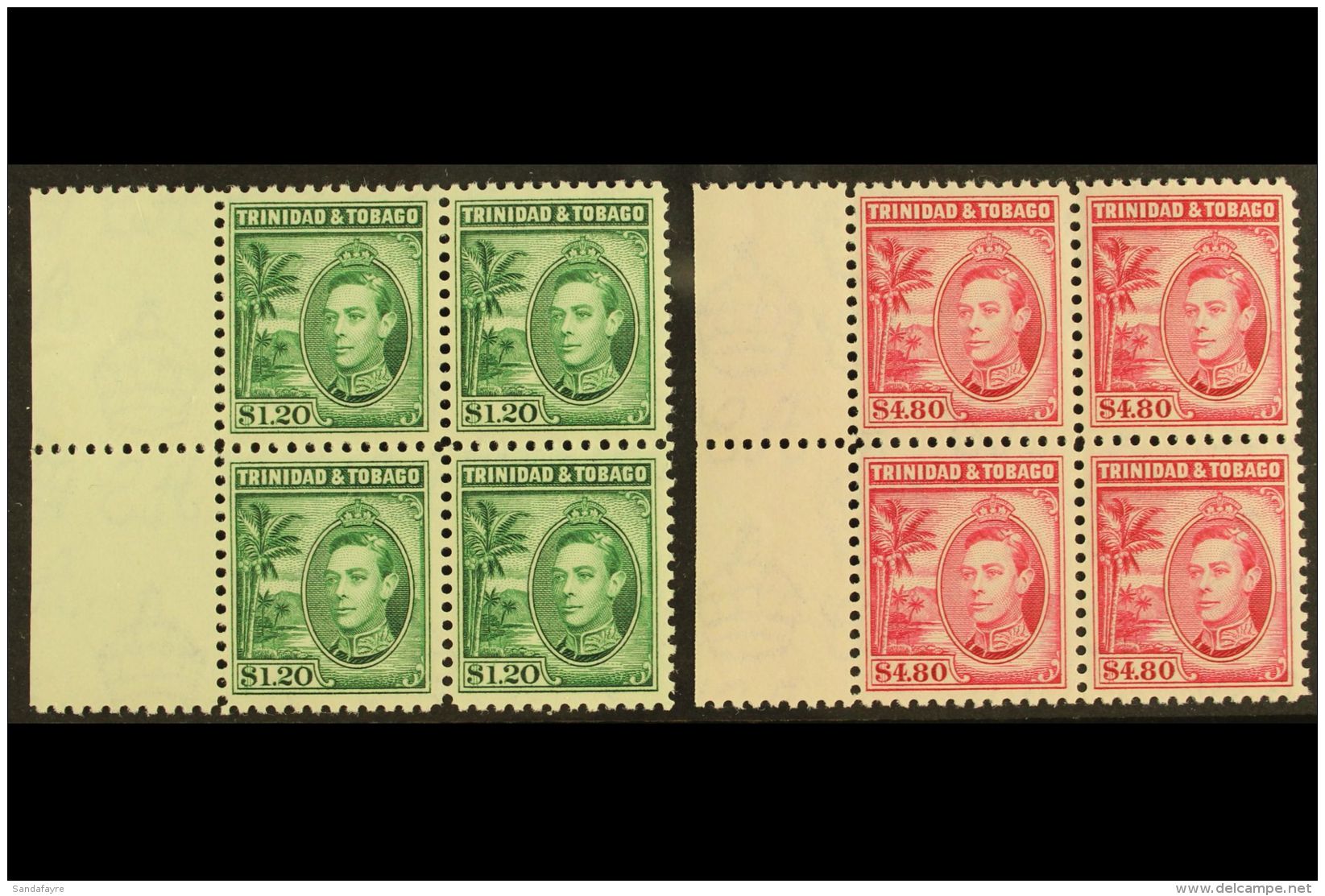 1938-44 $1.20 Blue-green &amp; $4.80 Rose-carmine, SG 255/56, Superb Never Hinged Mint Marginal BLOCKS Of 4, Very... - Trindad & Tobago (...-1961)