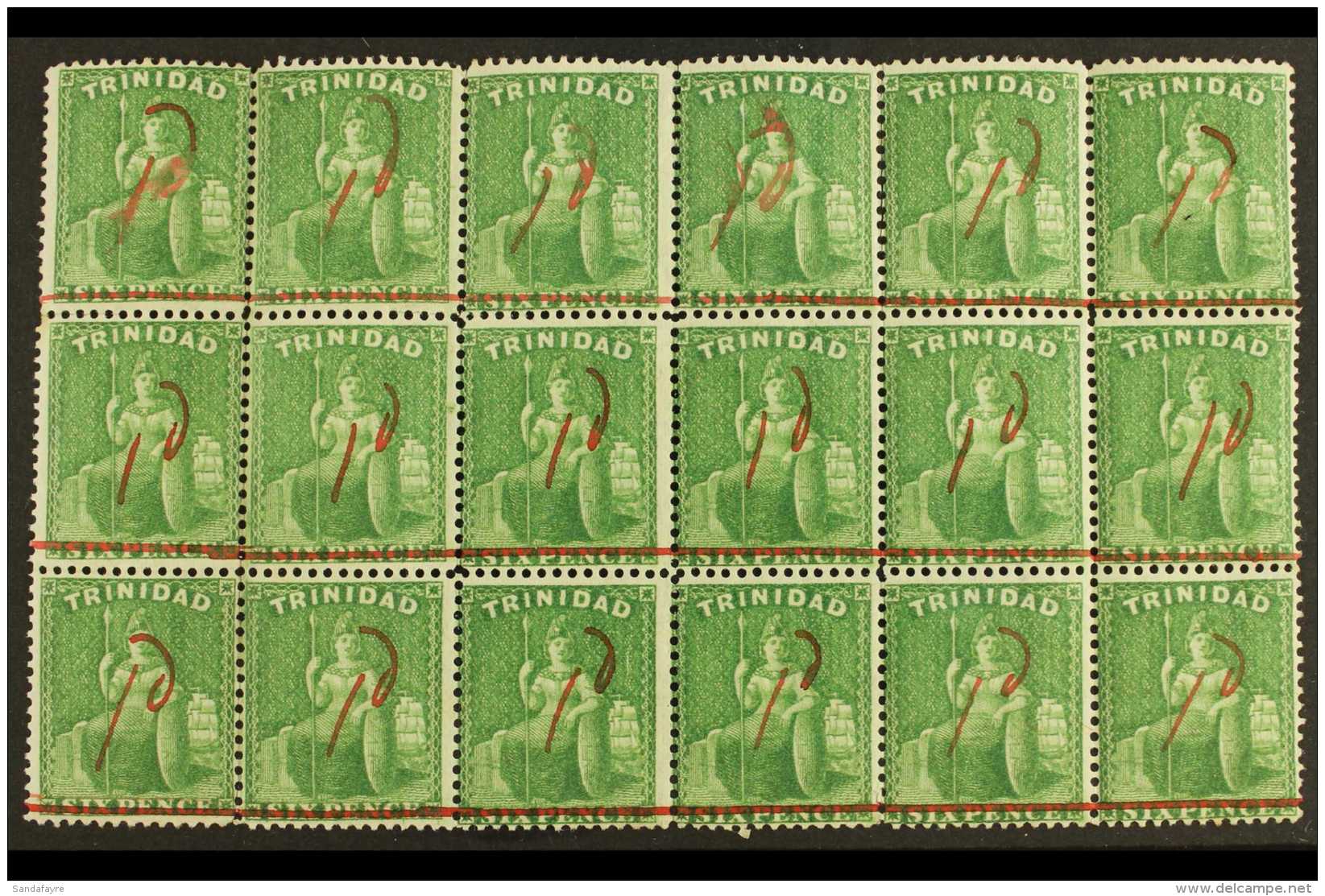 1882 1d On 6d Deep Yellow- Green, SG 105, Magnificent Never Hinged Mint BLOCK OF EIGHTEEN (6 X 3), With One Stamp... - Trindad & Tobago (...-1961)
