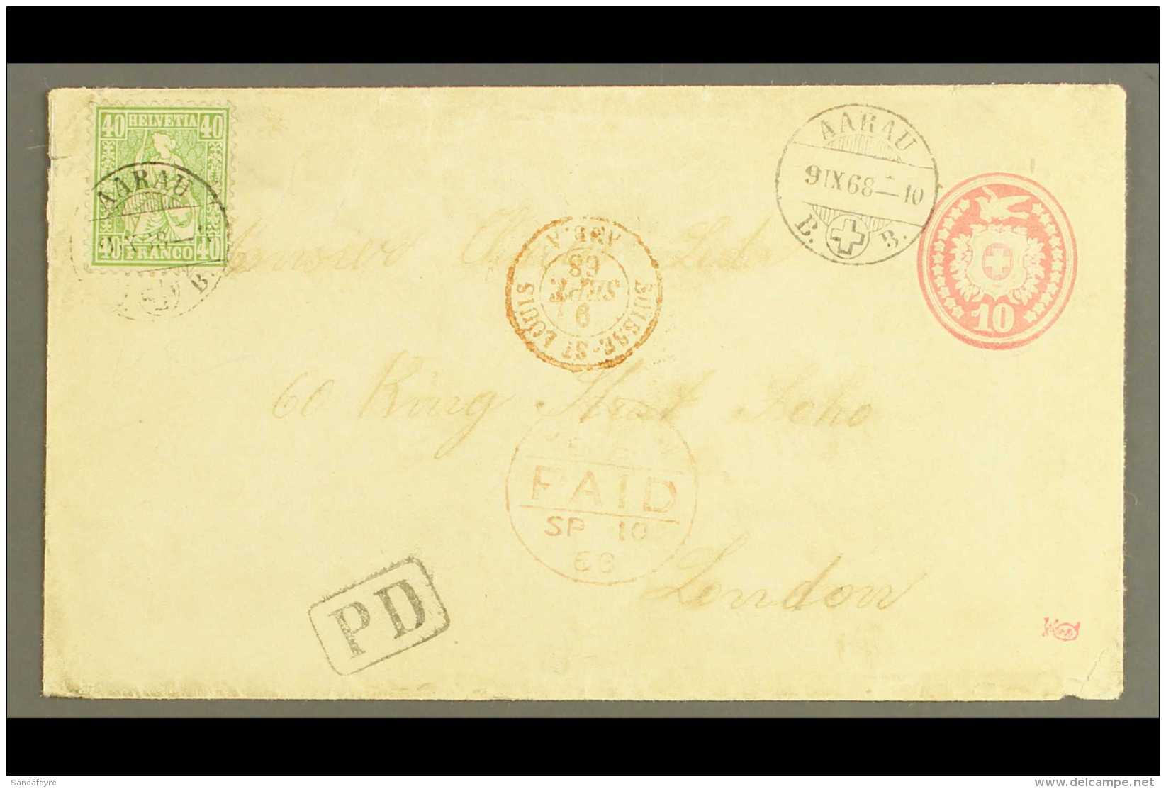 1868 (9 Sep) 10c Ps Envelope To London Uprated With 1862-81 40c Green Stamp (Michel 26, SG 58) Tied By "Aarau"... - Other & Unclassified