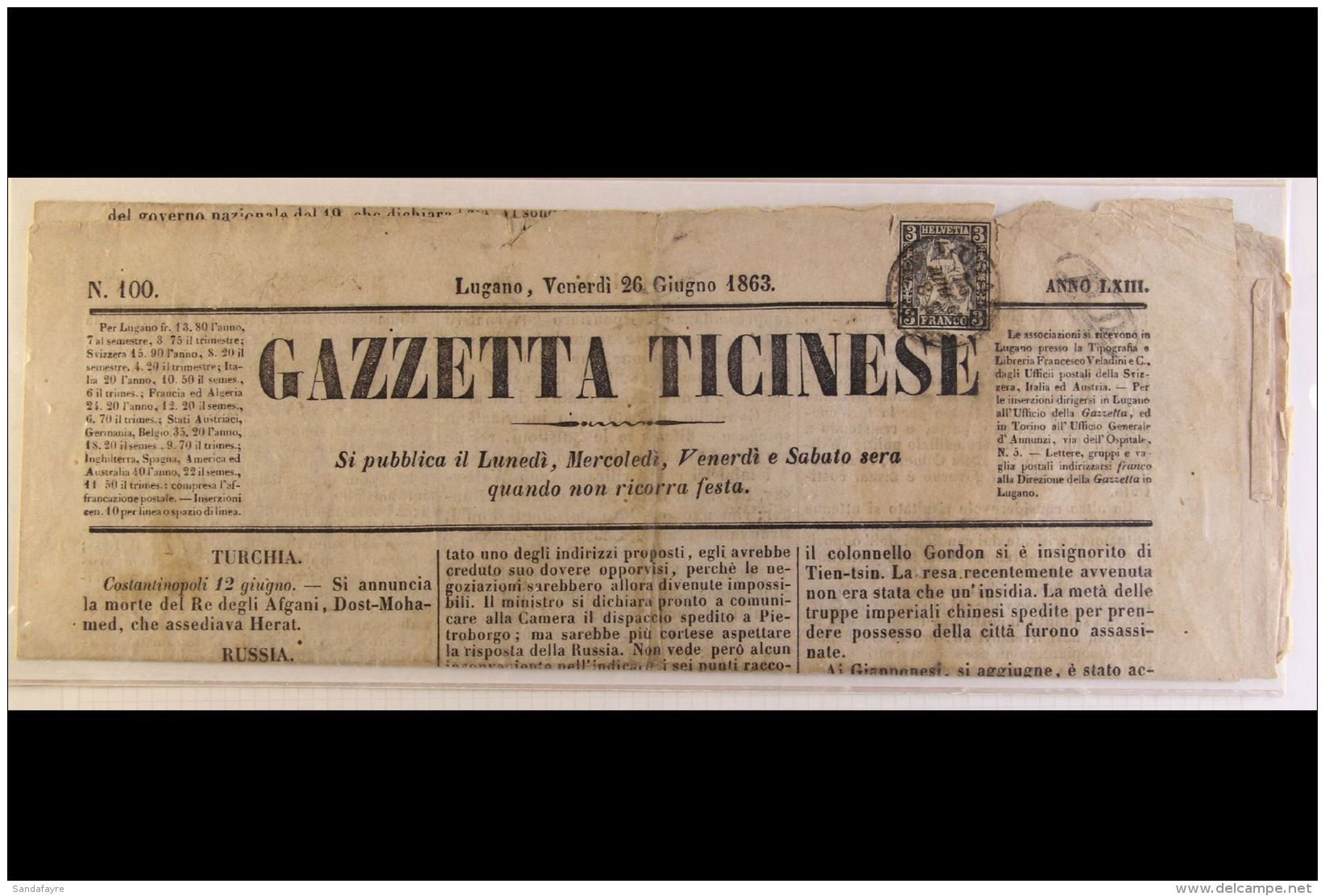 1863 (26 June) Folded Copy Of "Gazzetta Ticinese" Published In Lugano Bearing An Example Of The 1862 3c Black Tied... - Other & Unclassified