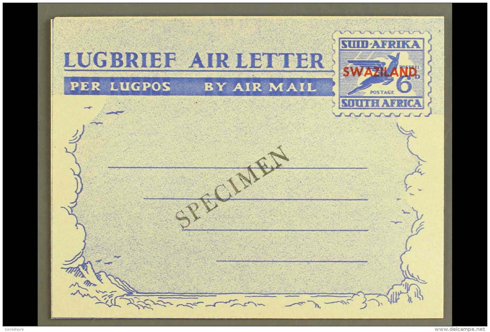 1951 AIR LETTER 6d Ultramarine On Pale Greenish White, Afrikaans First, H&amp;G 13, Kessler 15s, Locally Applied... - Swaziland (...-1967)