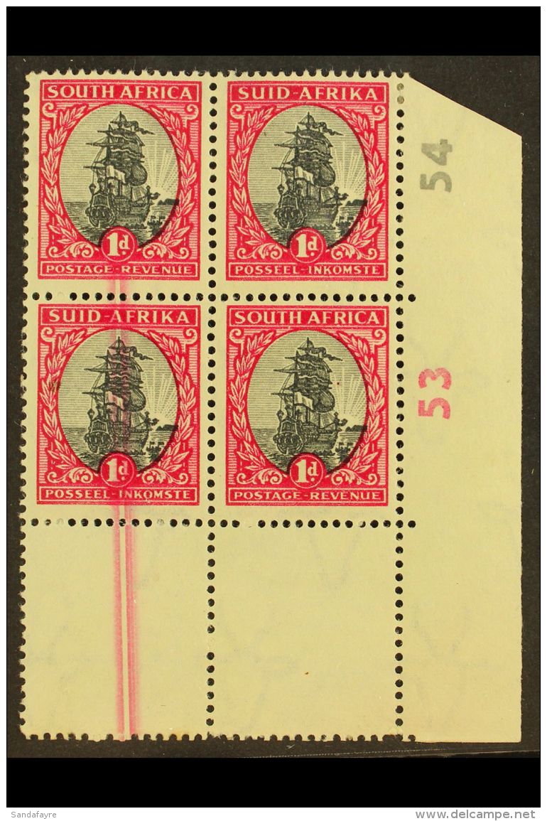 1951 1d Grey &amp; Carmine, Redrawn, Cylinder "53 54" Block Of 4 With LARGE CARMINE INK FLAW (doctor Blade Drag),... - Unclassified