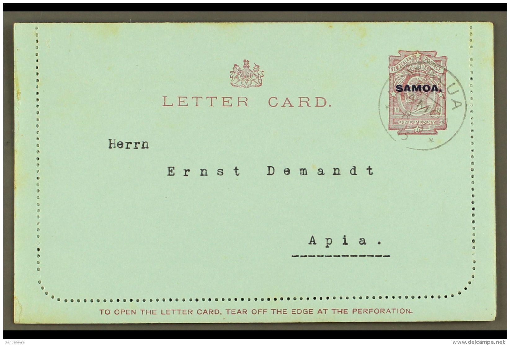 1915 (8 Mar) One Penny Dull Claret On Blue (note Along Bottom 94mm Long) LETTER CARD, H&amp;G 1a, Very Fine With... - Samoa