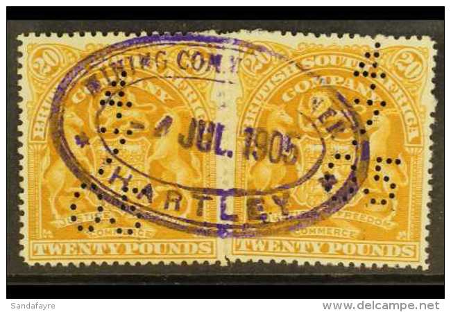 1898-01 &pound;20 Yellow- Bistre, SG 93a,  Revenue Used Horizontal Separated Pair With Violet Oval "Mining... - Other & Unclassified