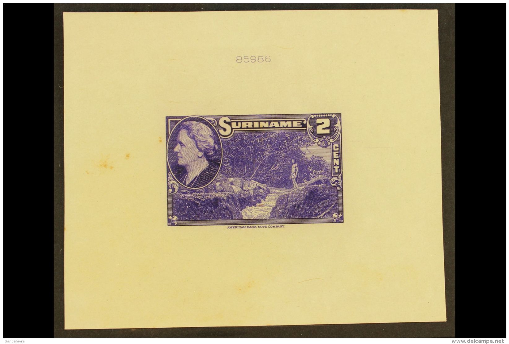 SURINAM 1945 2c Violet Native And Stream (as SG 315, Scott 186) - An American Bank Note Company DIE PROOF On Card,... - Other & Unclassified