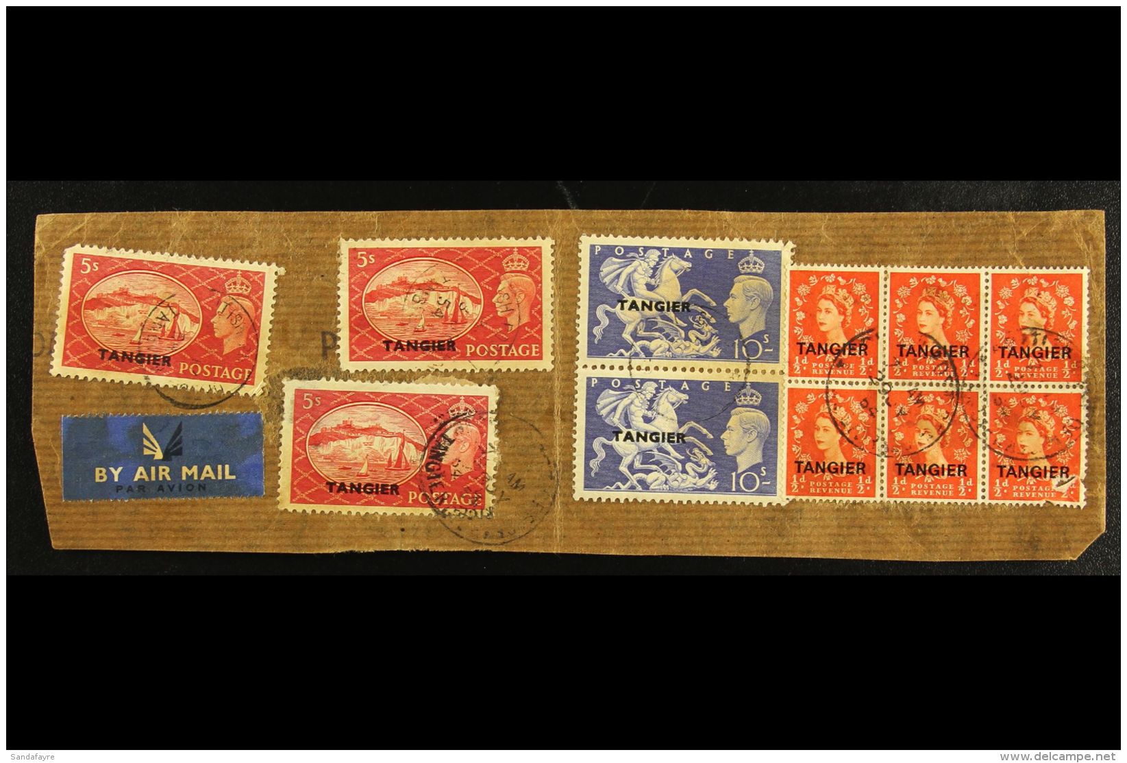 TANGIER 1954 (29 Jul) Rather Splendid Parcel Piece Bearing 1951 5s Reds (3) &amp; 10s Ultramarines (pair), Also... - Other & Unclassified