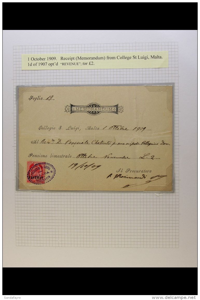 REVENUE DOCUMENTS 1905-1914 Complete Revenue Documents Bearing 1d KEVII "Revenue" Overprinted Stamps, Inc... - Malta (...-1964)