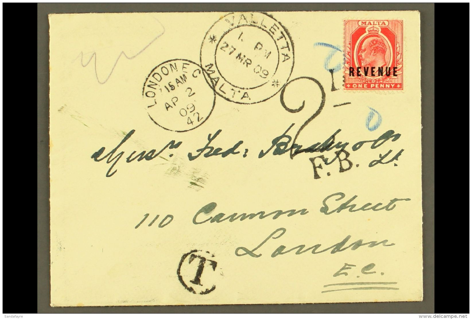 1909 REVENUE USED FOR POSTAGE. (27 March) Cover To London Bearing 1d KEVII "Revenue" Overprinted Stamp, Unaccepted... - Malta (...-1964)