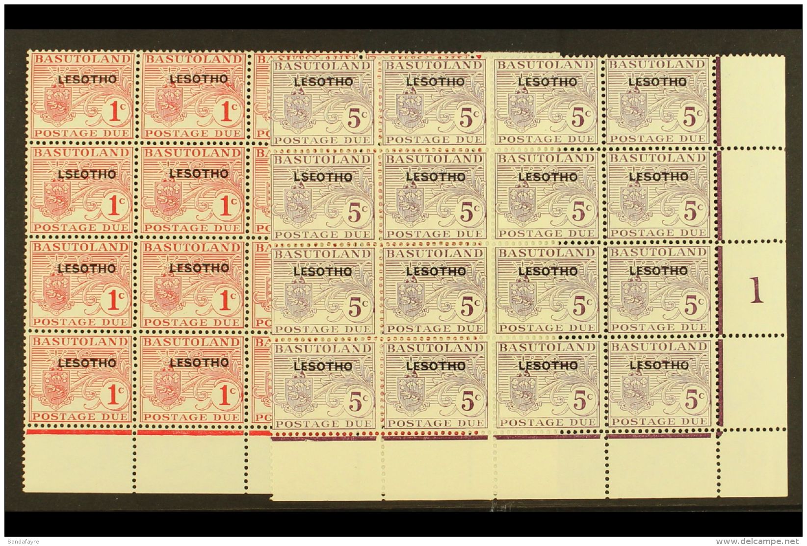 POSTAGE DUES 1966 1c &amp; 5c Overprinted Dues In Cylinder Blocks Of 16 With "LSEOTHO" Error On R4/7, SG D11a/12a,... - Lesotho (1966-...)