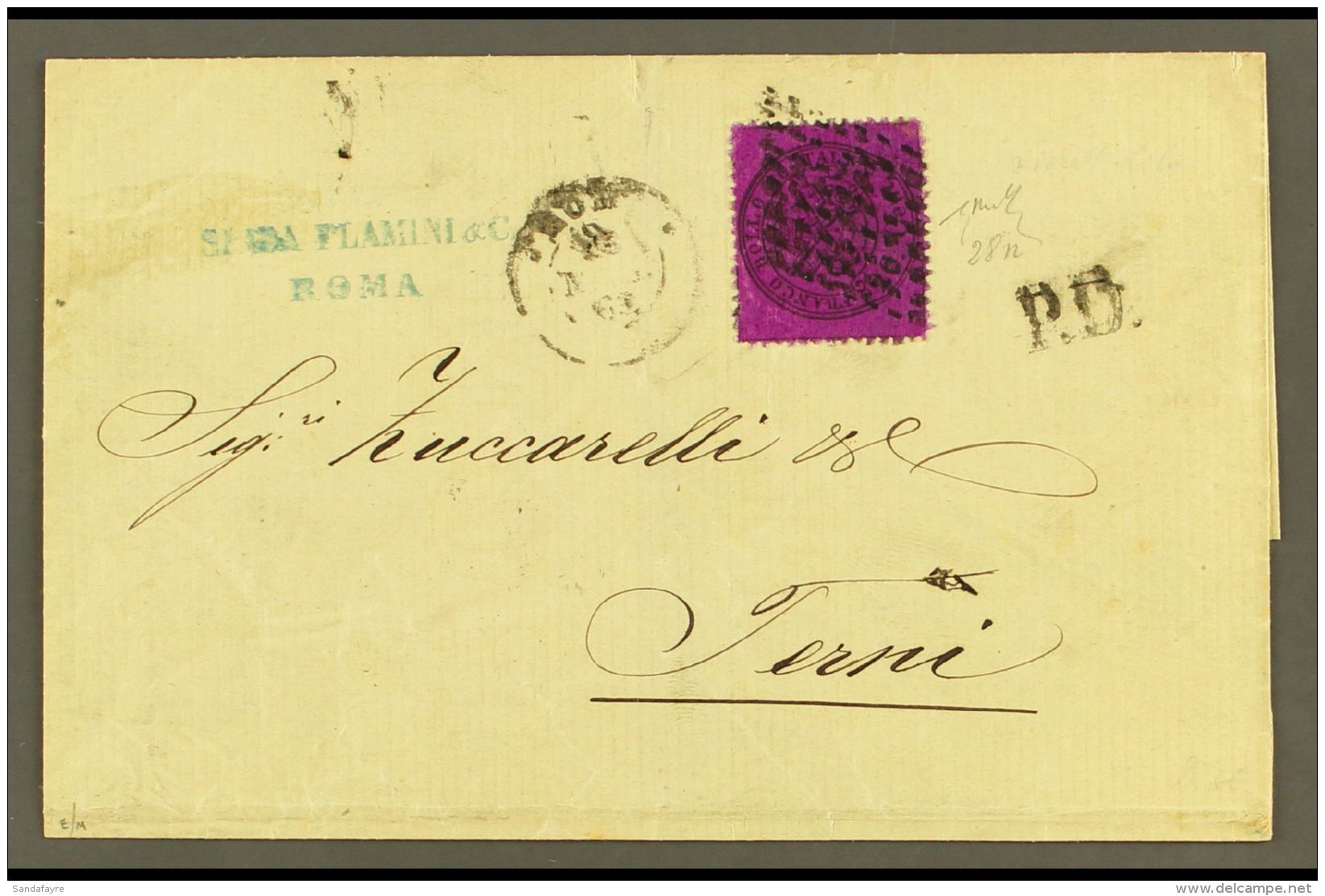 PAPAL STATES 1869 Cover From Rome To Terni Franked With Scarce Single Franking 20c Violet Red, Sass 28h, Tied By... - Unclassified