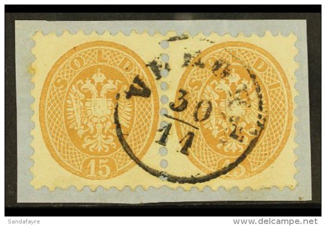 LOMBARDY VENETIA 1864 15s Brown, Perf 9&frac12;, Sassone 45, Horizontal Pair On A Piece Tied Crisp Upright Verona... - Unclassified