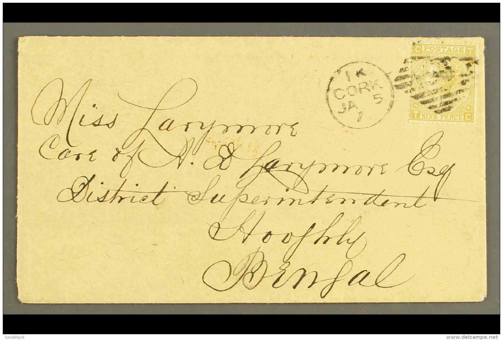 1871 COVER FROM CORK TO BENGAL 1871 (5 Jan) Cover To Hooghly, Bengal, Bearing GB 1867 9d Straw Plate 4, SG 110,... - Other & Unclassified