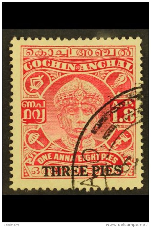 COCHIN 1942 3p On 1a 8p Carmine, Rama Varma III, Recess, SG 75, Superb Used. Scarce Stamp. For More Images, Please... - Other & Unclassified