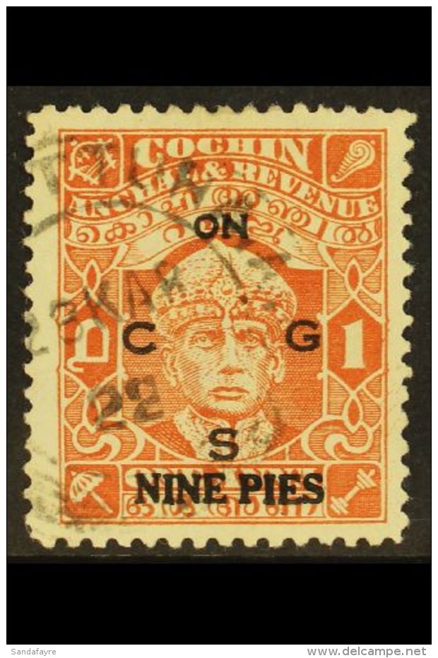 COCHIN - OFFICIALS 1943 9p On 1a Brown Orange, Rama Varma III, SG O65, Very Fine Used. For More Images, Please... - Other & Unclassified