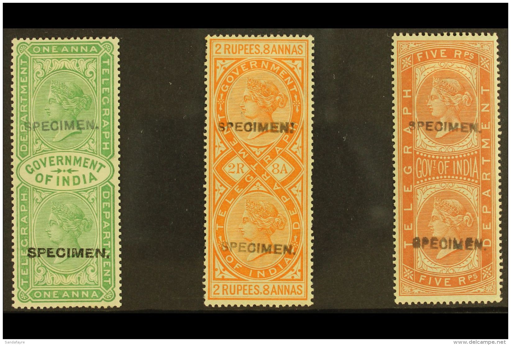 TELEGRAPH 1882 Whole 1a Green, 2r8a Orange &amp; 5r Brown Orange, "SPECIMEN" Opt'd, SG T42s. T47s/48s, Mint (3... - Other & Unclassified