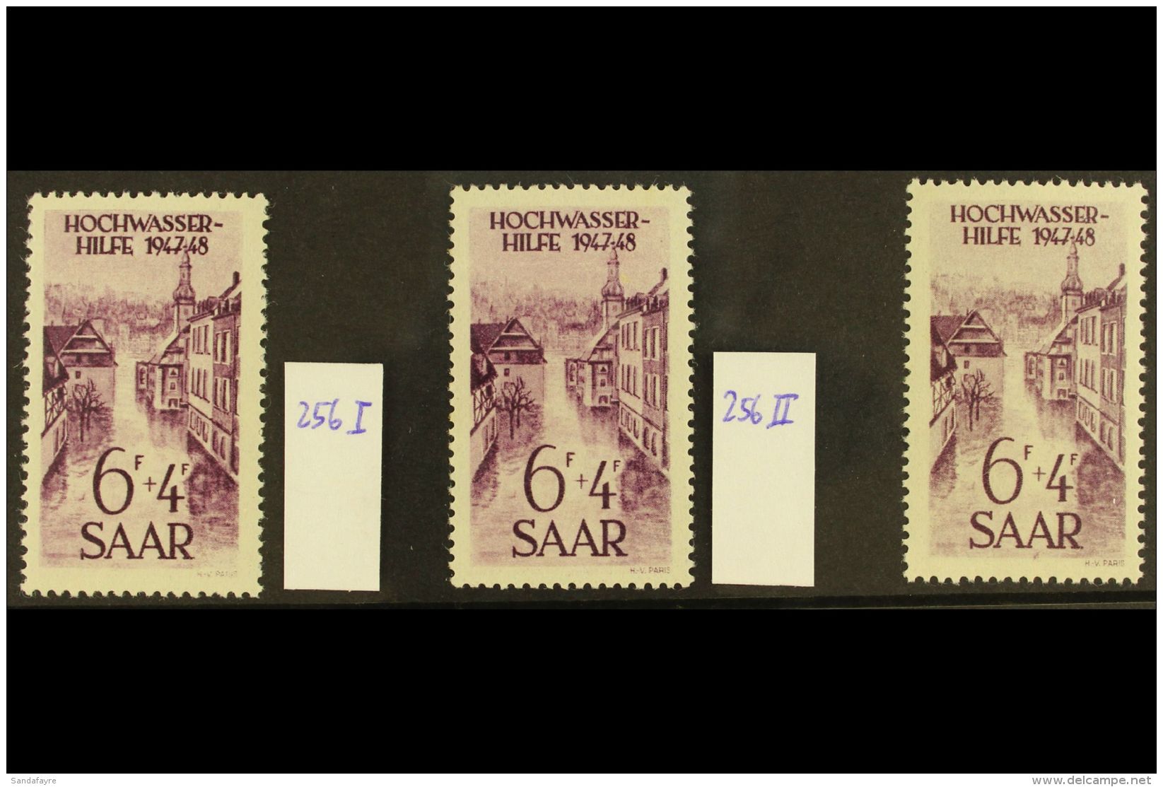 1948 6f+4f Purple Flood Relief Fund All Three Listed PLATE FLAWS, Michel 256 I, II &amp; III, Never Hinged Mint.... - Altri & Non Classificati