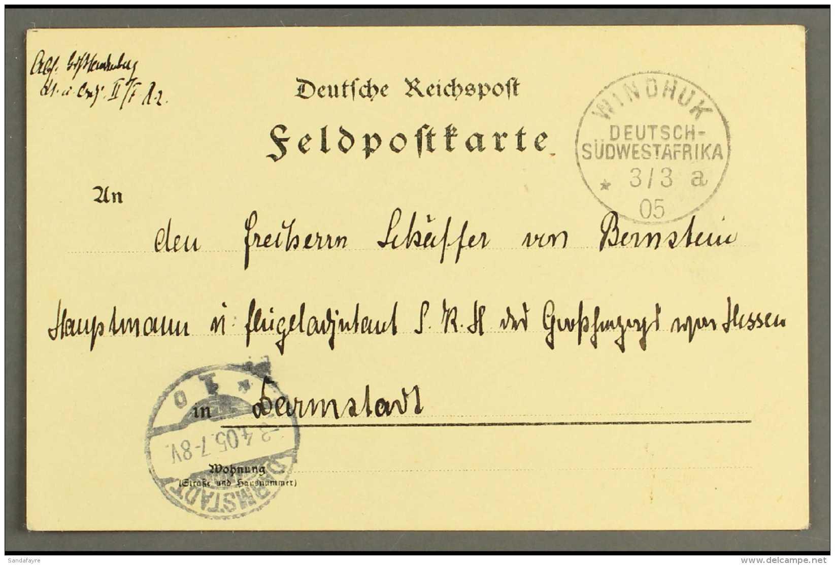 SOUTH WEST AFRICA 1905 (3 Mar) Prtd Feldpost Card To Germany Showing Fine "WINDHUK A" Cds Postmark, With Darmstadt... - Other & Unclassified