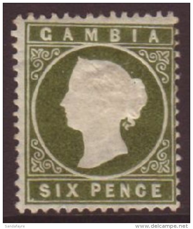 1886-93 6d Yellowish Olive-green, "Sloping Label" Variety, SG 32a, Fine Mint. For More Images, Please Visit... - Gambia (...-1964)