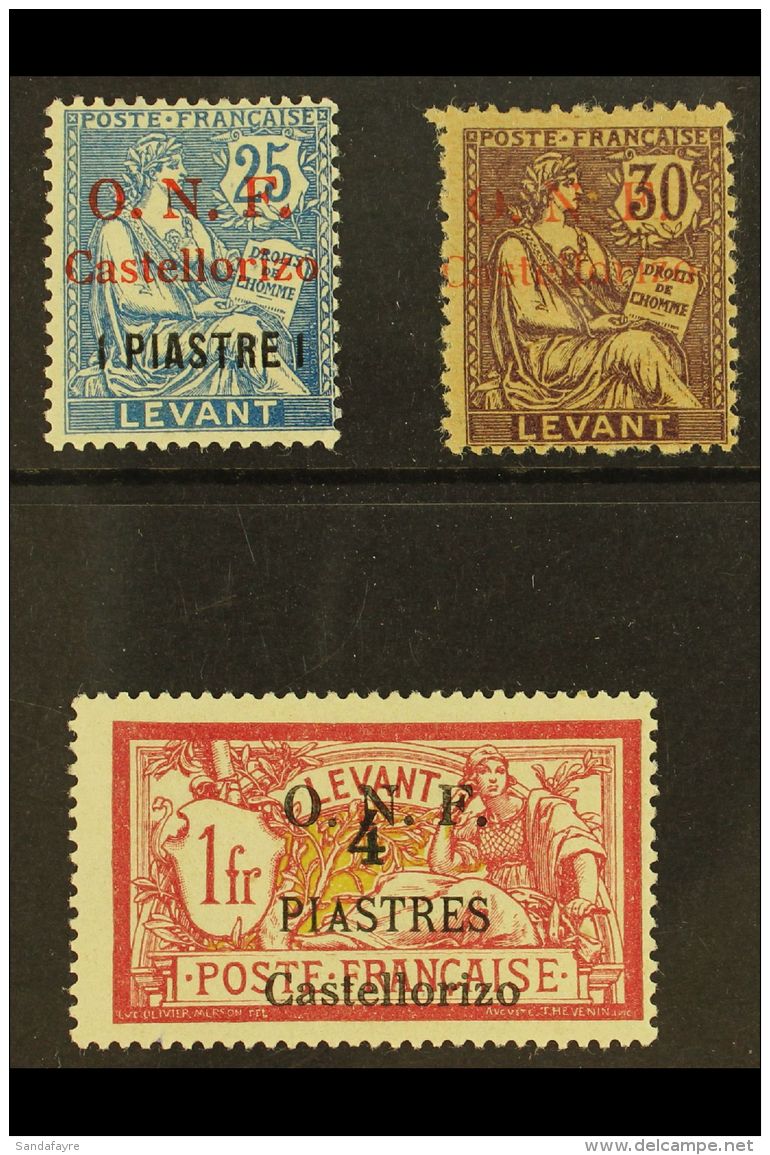 CASTELLORIZO 1920 "O.N.F." On French Levant Mint Group Comprising 1pi On 25c (Yvert 21), 30c (G.C. Paper, Yvert... - Other & Unclassified