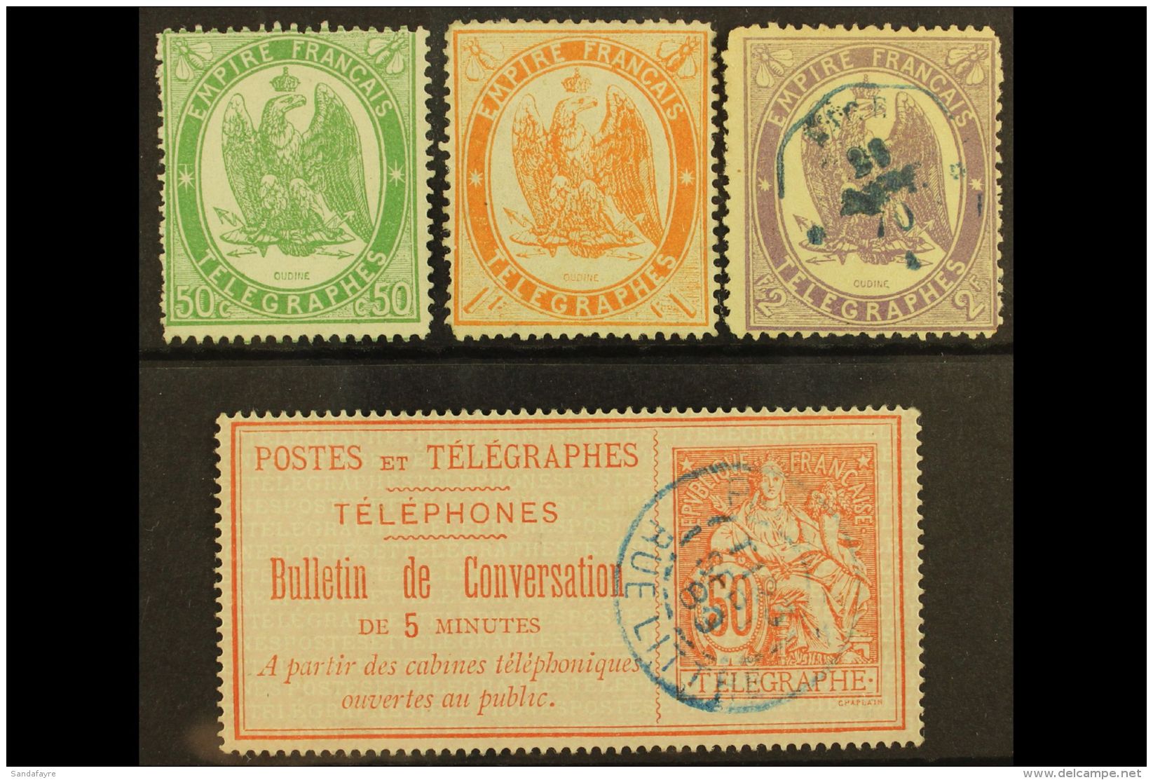 TELEGRAPH STAMPS 1868 (perf) 50c Yellow-green Mint (no Gum), 1f Dull Orange Mint (part Original Gum), And 2f Lilac... - Other & Unclassified