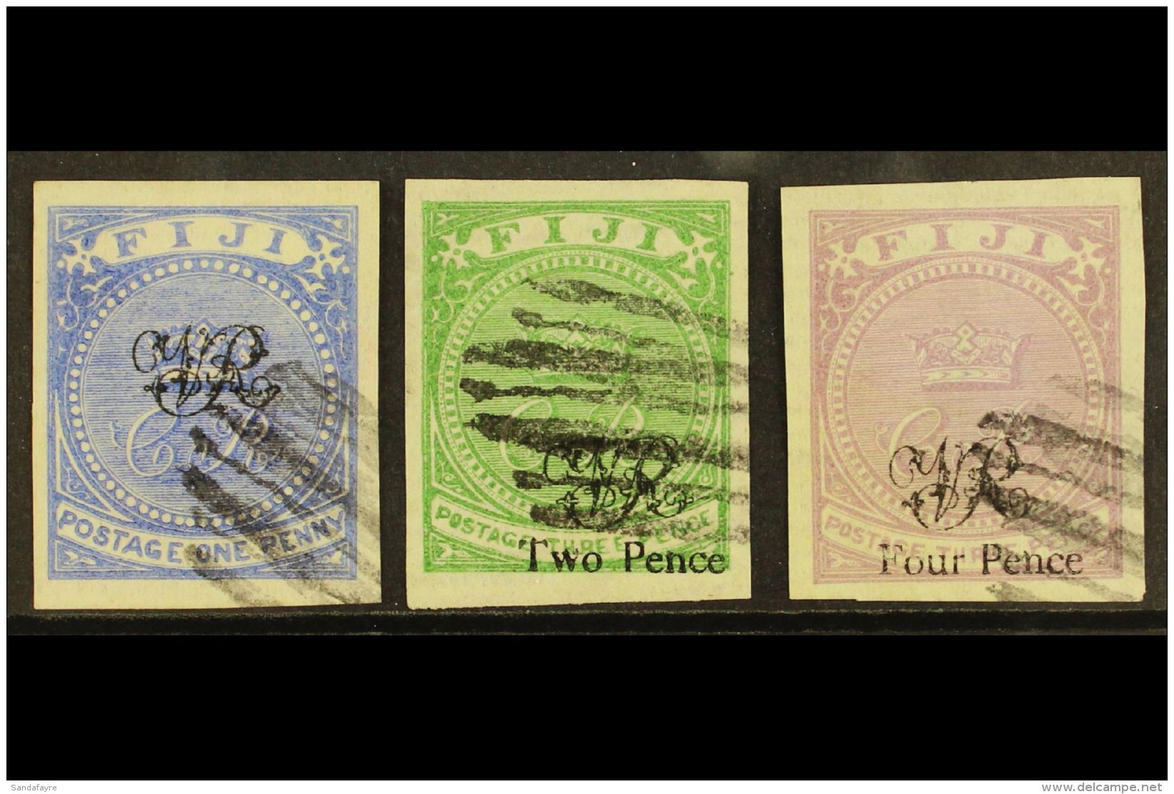 1876-77 Laid Paper Monogram Overprint Set IMPERFORATE TRIAL PRINTINGS (as SG 31/33) Each With 'by Favour' Barred... - Fiji (...-1970)