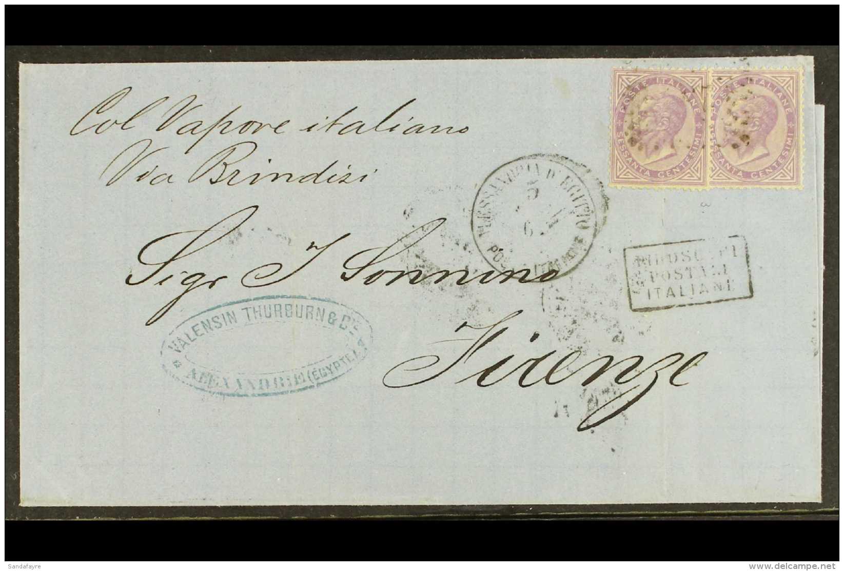 1867 (3 Dec) Cover Endorsed "Col Vapore Italiano / Via Brindisi" Sent From Alexandria To Firenze, Bears Two... - Other & Unclassified