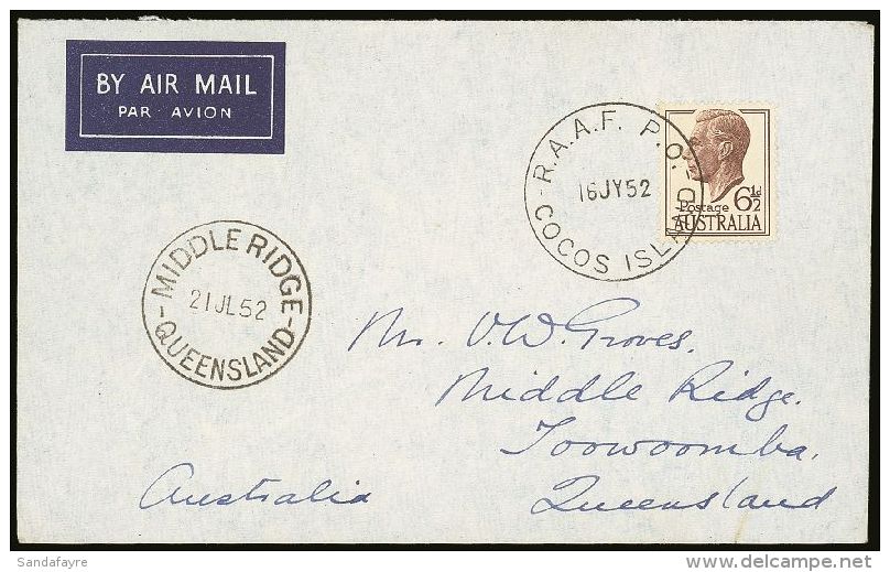 1952 (16 July) Airmail Envelope To Australia, Carried On The Qantas Route- Proving Survey Flight, Bearing KGVI... - Cocos (Keeling) Islands