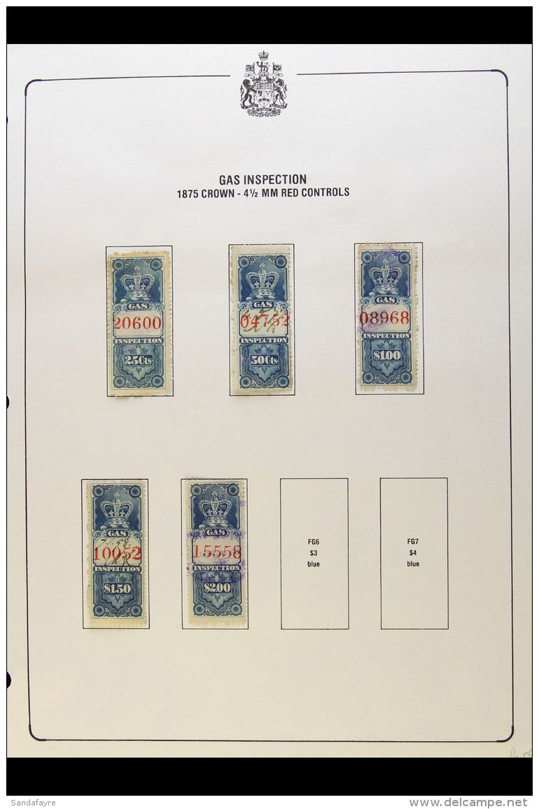 GAS INSPECTION REVENUE STAMPS 1875-1915 USED COLLECTION On Pages, Inc 1875 Most Vals To $10 With Control Types,... - Andere & Zonder Classificatie