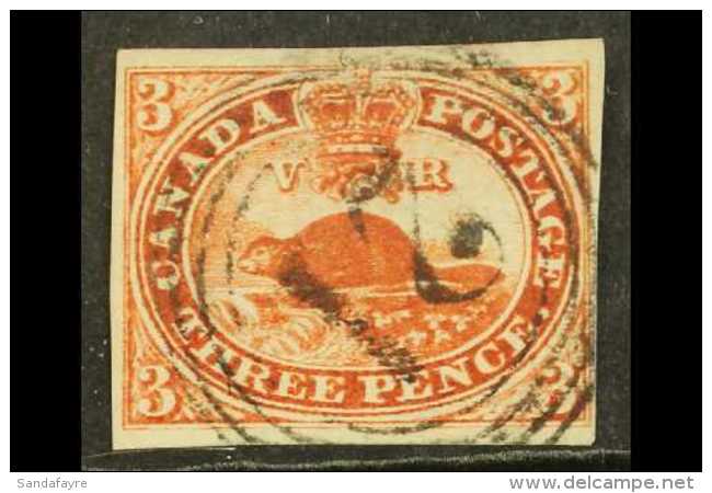 1852-57 3d Deep Red Beaver Imperf, SG 6, Used With 4 Margins Cancelled By Very Fine "21" 4-ring Pmk. Pretty. For... - Other & Unclassified