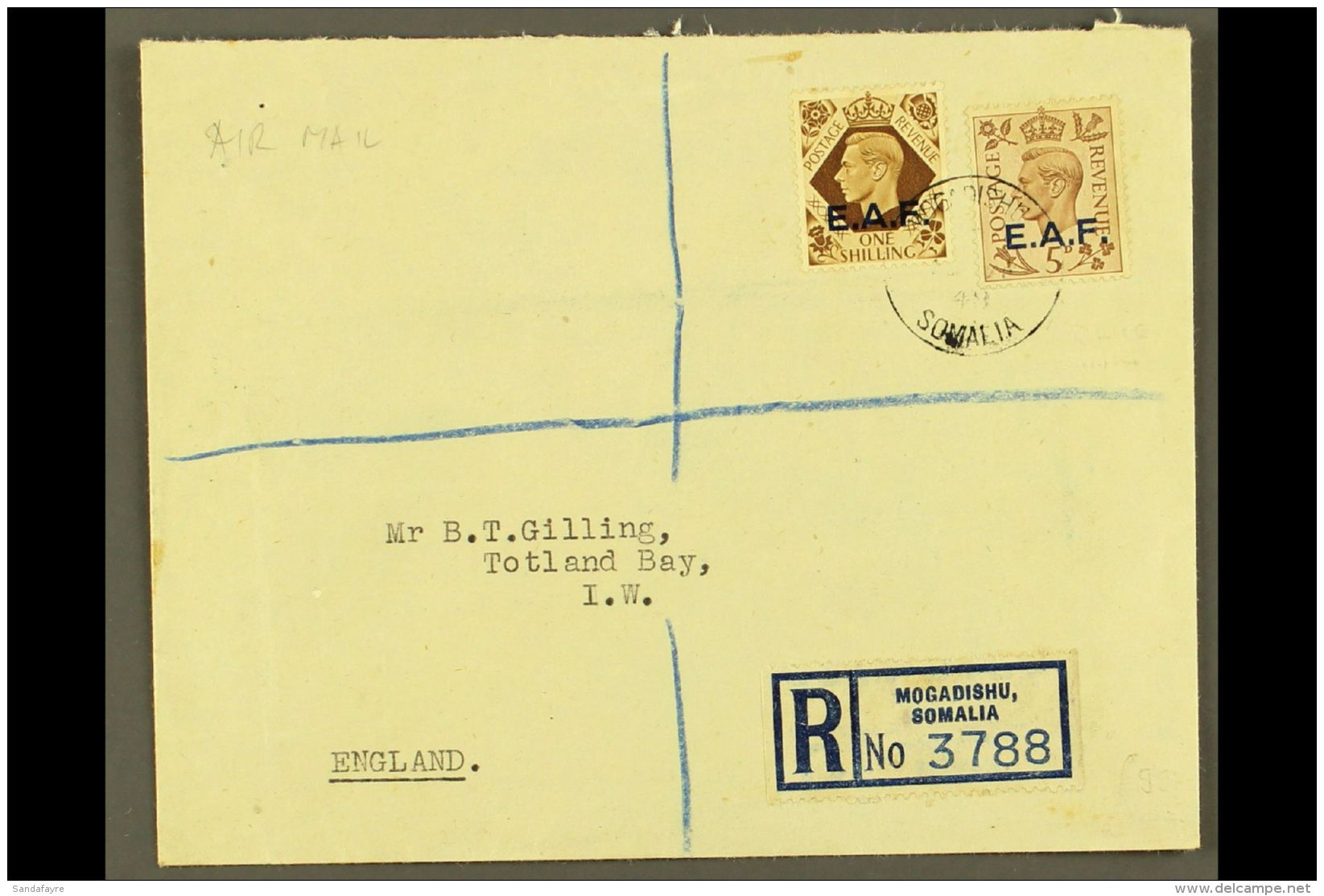 SOMALIA 1948 Registered Cover To England Franked With KGVI 5d &amp; 1s Values Ovptd "E.A.F." SG S5, S8, Reg'd... - Italian Eastern Africa