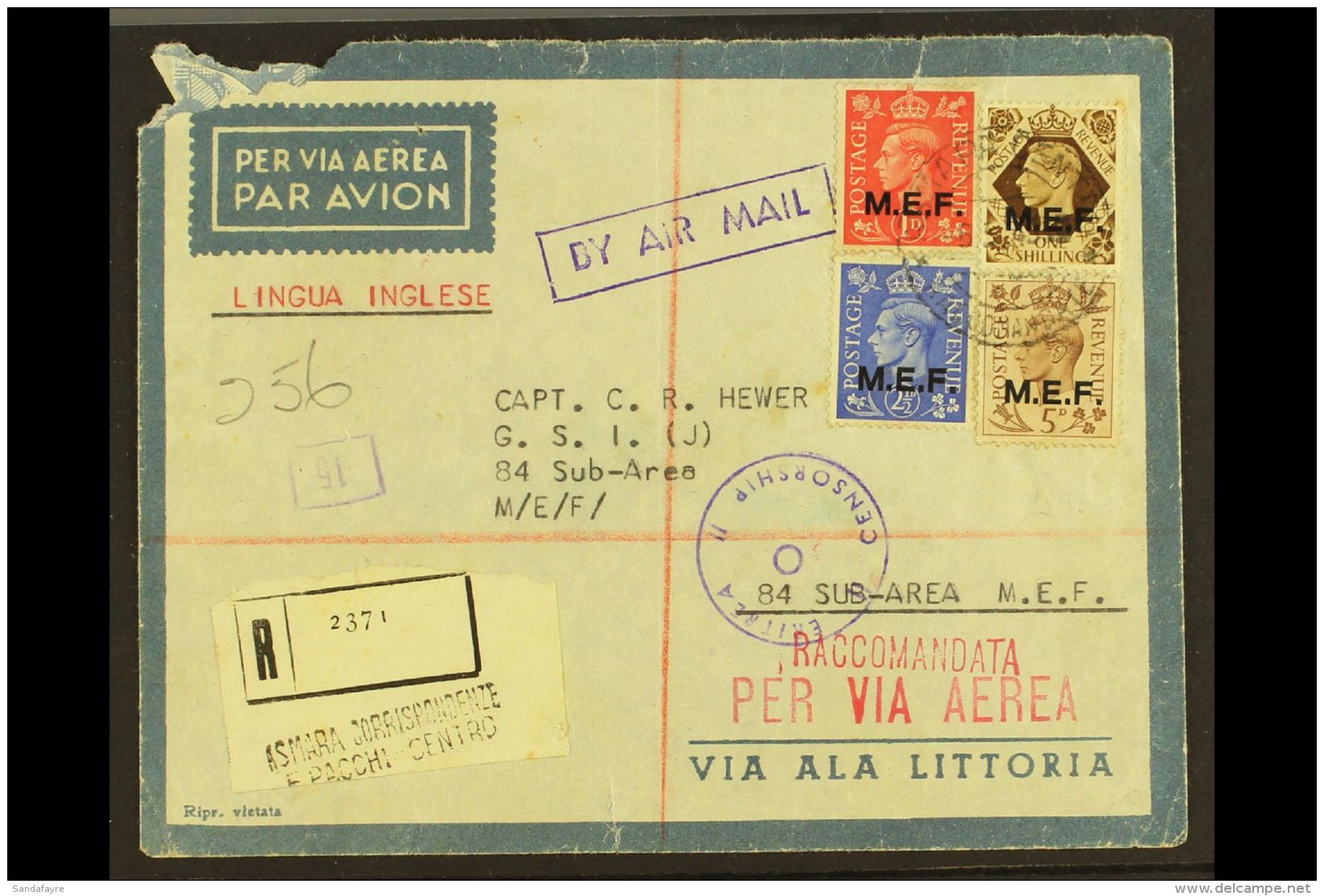 ERITREA 1943 Registered &amp; Airmailed Cover, Addressed To "84 Sub-Area, M/E/F/" Franked KGVI 1d, 2&frac12;d, 5d... - Italian Eastern Africa