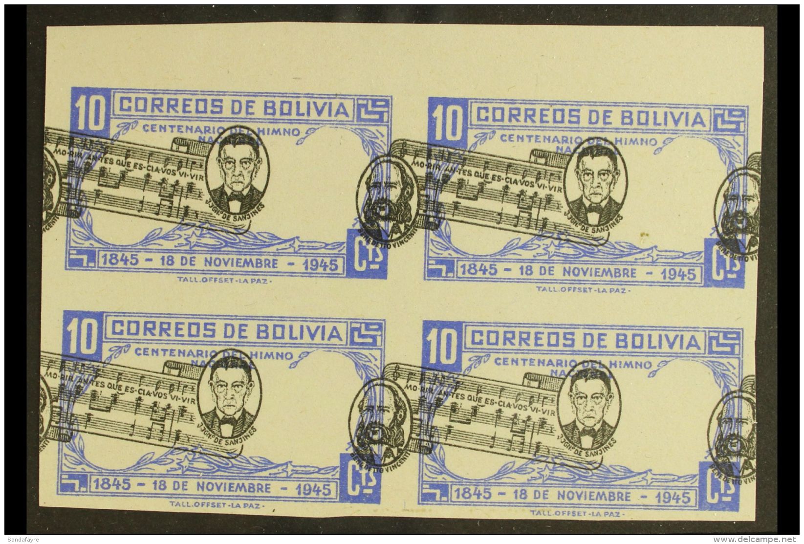 1946 10c Ultramarine &amp; Black Anthem (Scott 309, SG 446), Fine Never Hinged Mint IMPERF BLOCK Of 4 With... - Bolivia