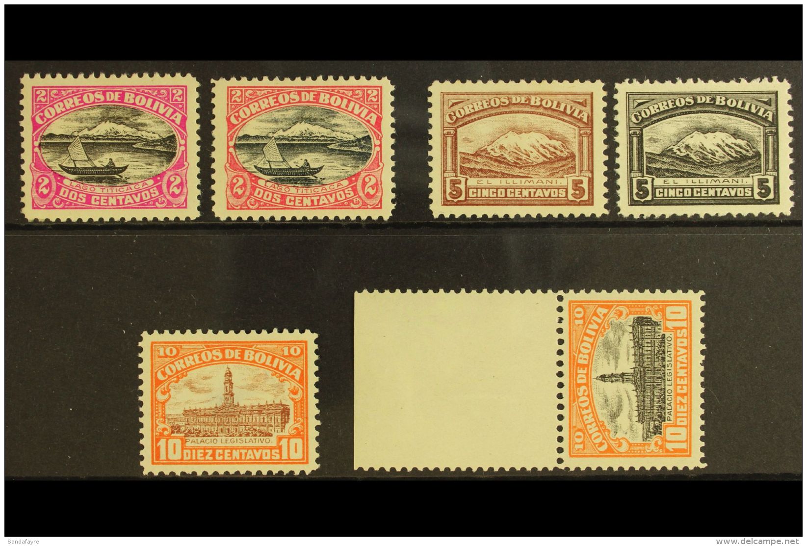 1916-17 PERFORATED COLOUR PROOFS. 2c Magenta &amp; Black And 2c Rose &amp; Black Lake Titicaca (Scott 113), 5c... - Bolivia