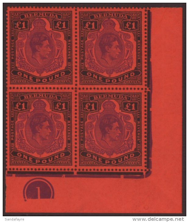 1952 (Oct) &pound;1 Bright Violet And Black On Scarlet SG 121e, Lower Right Corner Plate Block Of Four, Very Fine... - Bermuda