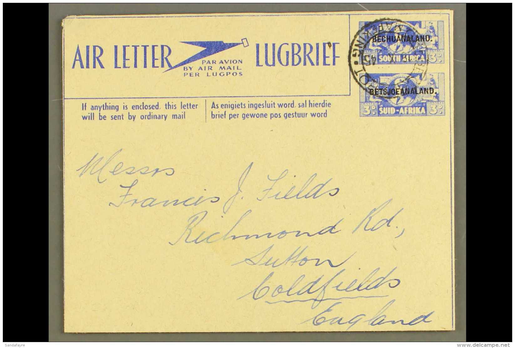 1944 AIR LETTER 3d+3d Blue On Buff War Effort, Bilingual "Bechuanaland" Overprint, H&amp;G 1, Very Fine Used To... - Other & Unclassified