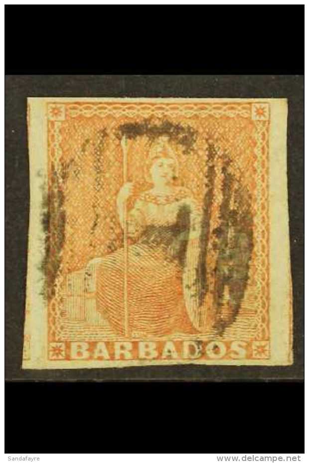 1852 (4d) Brownish Red On Blued Paper, SG 5, Very Fine Used With Neat Central Barred "1" Cancel And Huge Margins... - Barbados (...-1966)