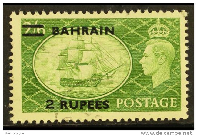 1950 2r On 2s 6d Yellow Green, Surcharge Type III, SG 77b, Very Fine Used. Elusive Stamp. For More Images, Please... - Bahrain (...-1965)