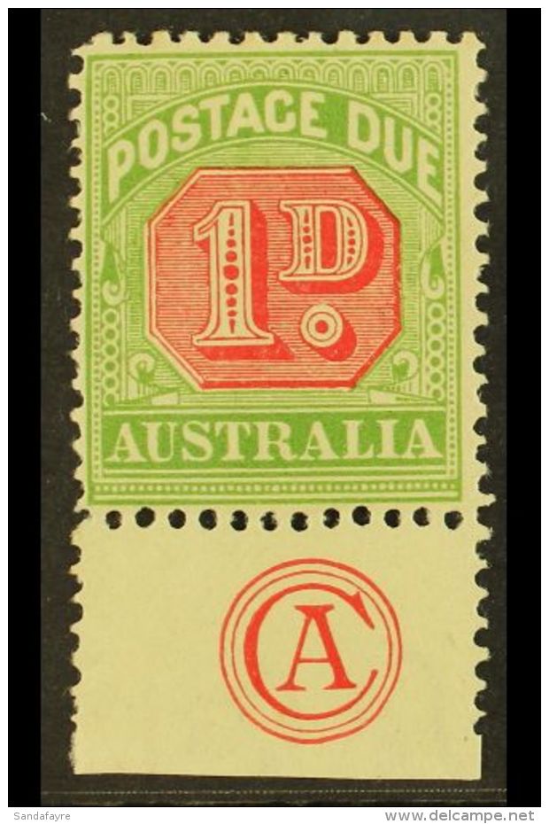POSTAGE DUES 1909 1d Rosine And Yellow Green, Die 1, SG D64, Superb Marginal Mint With JB Cooke Monogram. Scarce.... - Other & Unclassified