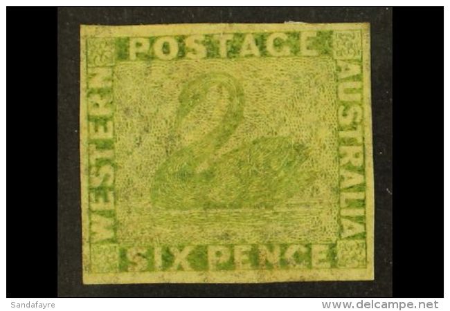 WESTERN AUSTRALIA 1860-64 6d Sage- Green Imperf., SG 28, Very Fine Mint Large Part OG With 3 Large Neat Margins.... - Altri & Non Classificati