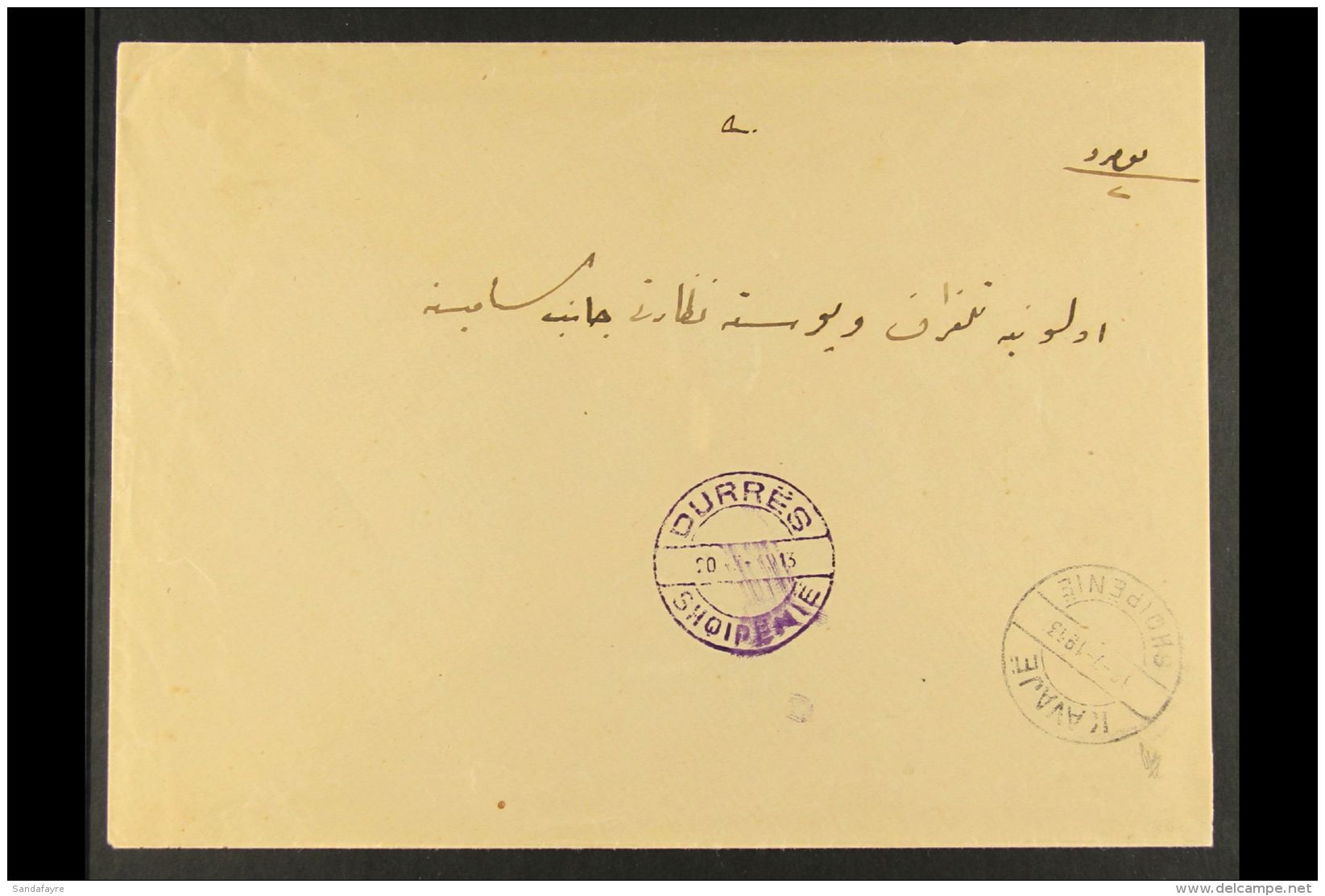 1913 (16 July) Stampless Cover, Addressed In Arabic, Bearing Very Fine KAVAJE Cds In Violet Black; Alongside Fine... - Albanie