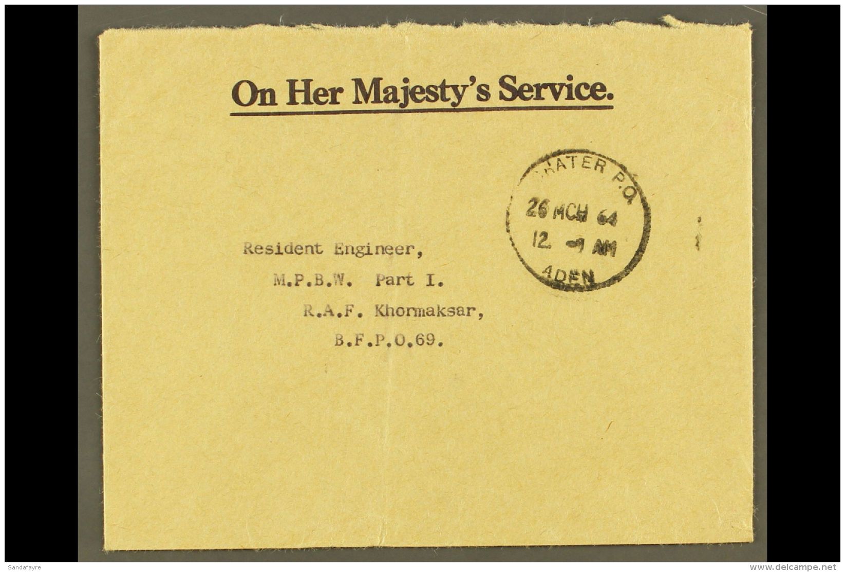 1964 (26 Mar) Stampless OHMS Envelope To RAF Khormaksar B.F.P.O. 69, Fine "CRATER P.O. / ADEN" Cds. For More... - Aden (1854-1963)