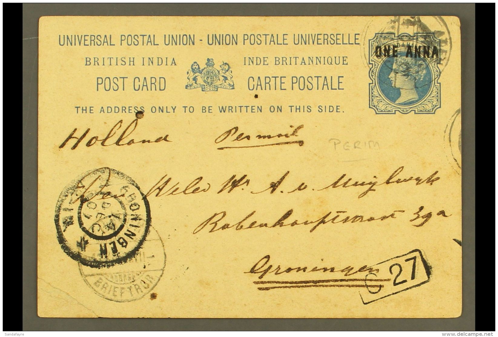 1901 India 1a On 1&frac12;a Postal Card From Perim To Holland, Aden Cds Cancel, Alongside Groningen Receiving Cds.... - Aden (1854-1963)