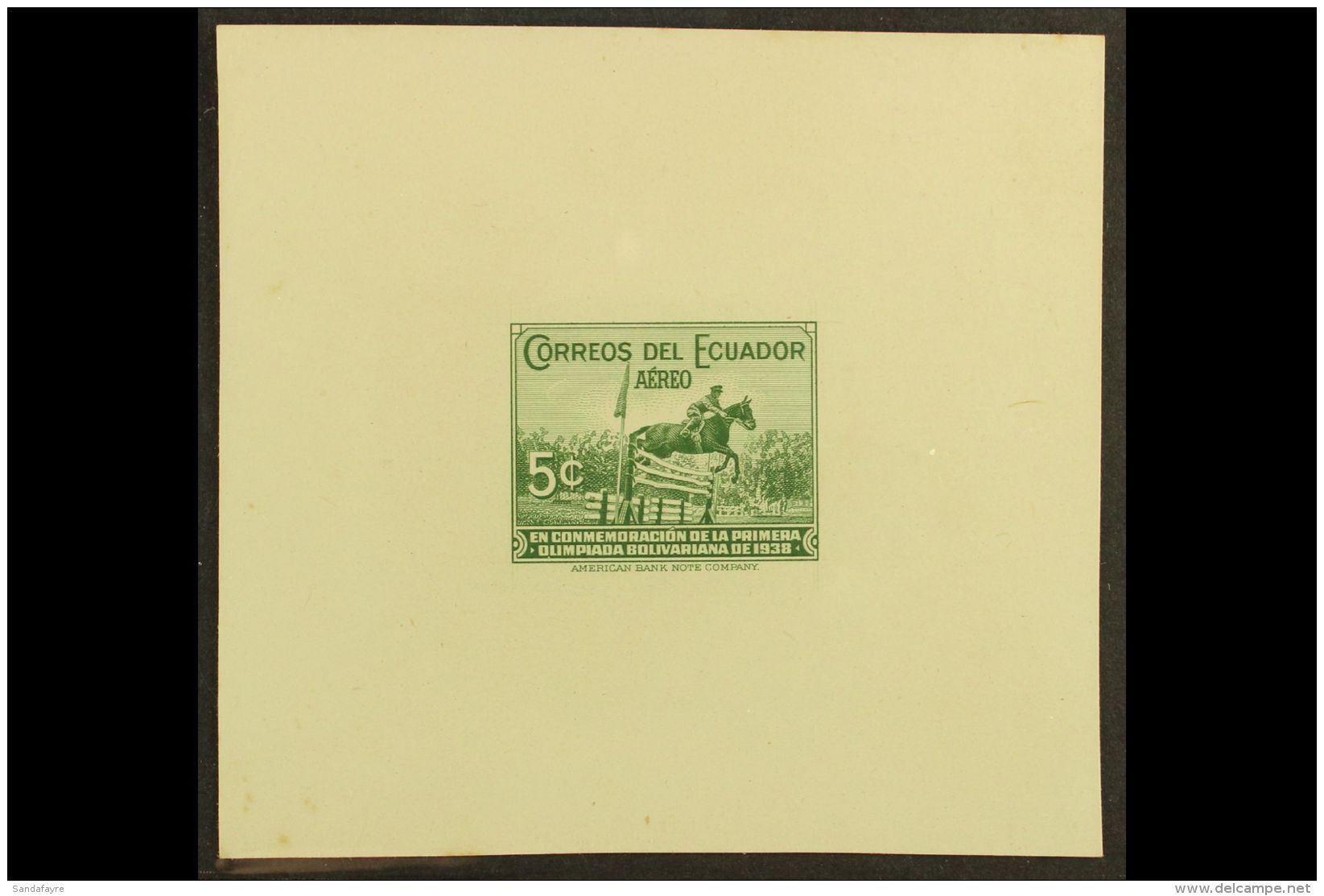 HORSES - SCARCE DIE PROOF Ecuador 1939 AIR First Bolivarian Games 5c Green Army Horseman (as SG 589, Scott C65) -... - Unclassified