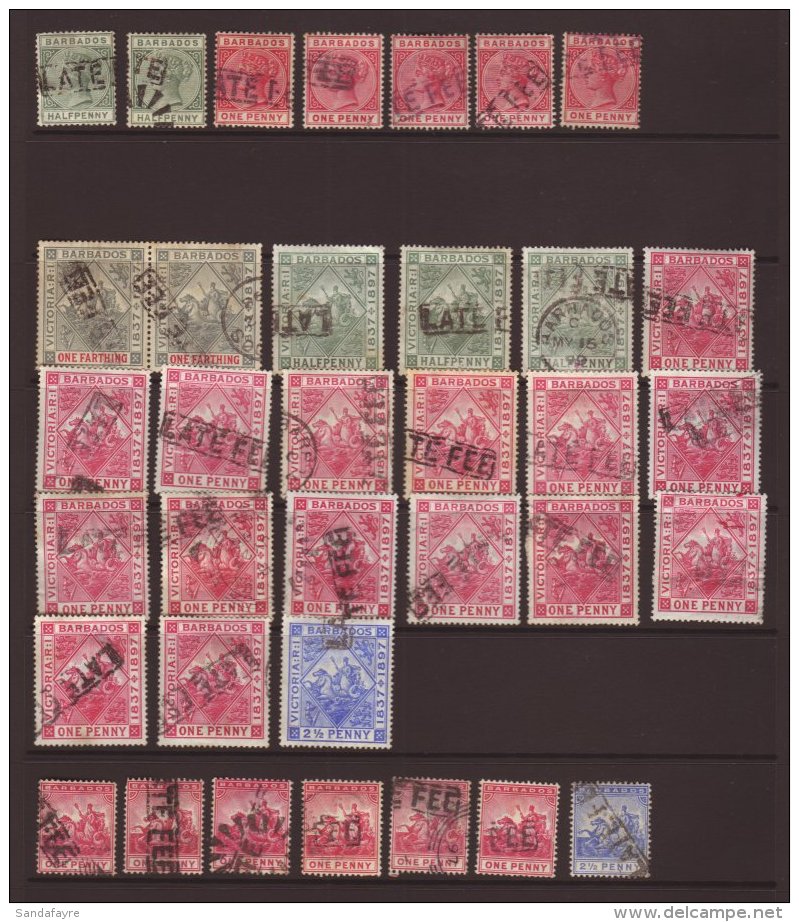 LATE FEE POSTMARKS A Collection Of Boxed Late Fee Cancels On Barbados 1882-97 Issues, Part To Fine Strikes, A... - Other & Unclassified