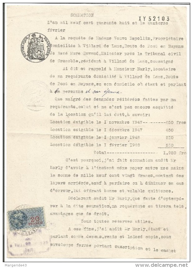 FISCAUX SUR PAPIER FILIGRANE REPUBLIQUE FRANCAISE 1947 + R - Autres & Non Classés