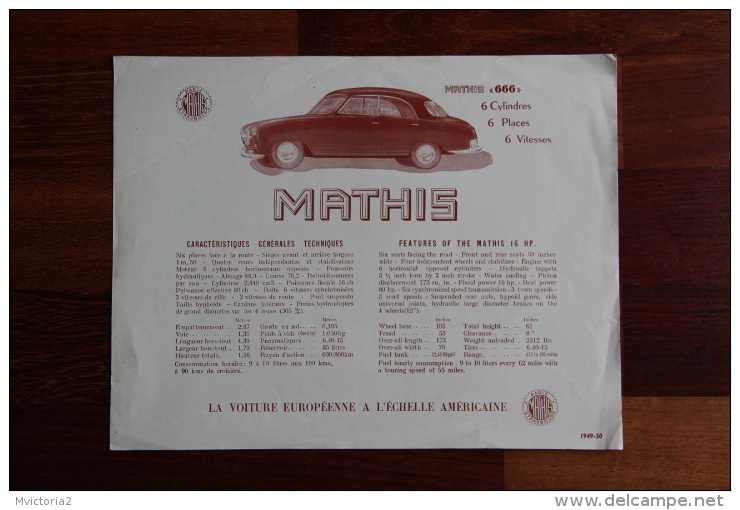 Dépliant Publicitaire Automobile , MATHIS 666, 6 Cylindres. - Publicités