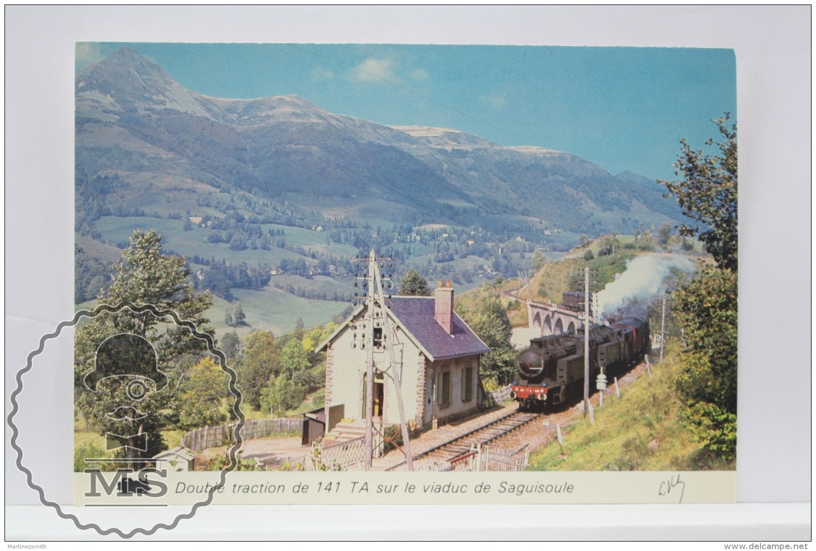Train Topic Postcard - Double Traction Steam Locomotive Train 141 TA At Saguisoule Viaduct - Trenes