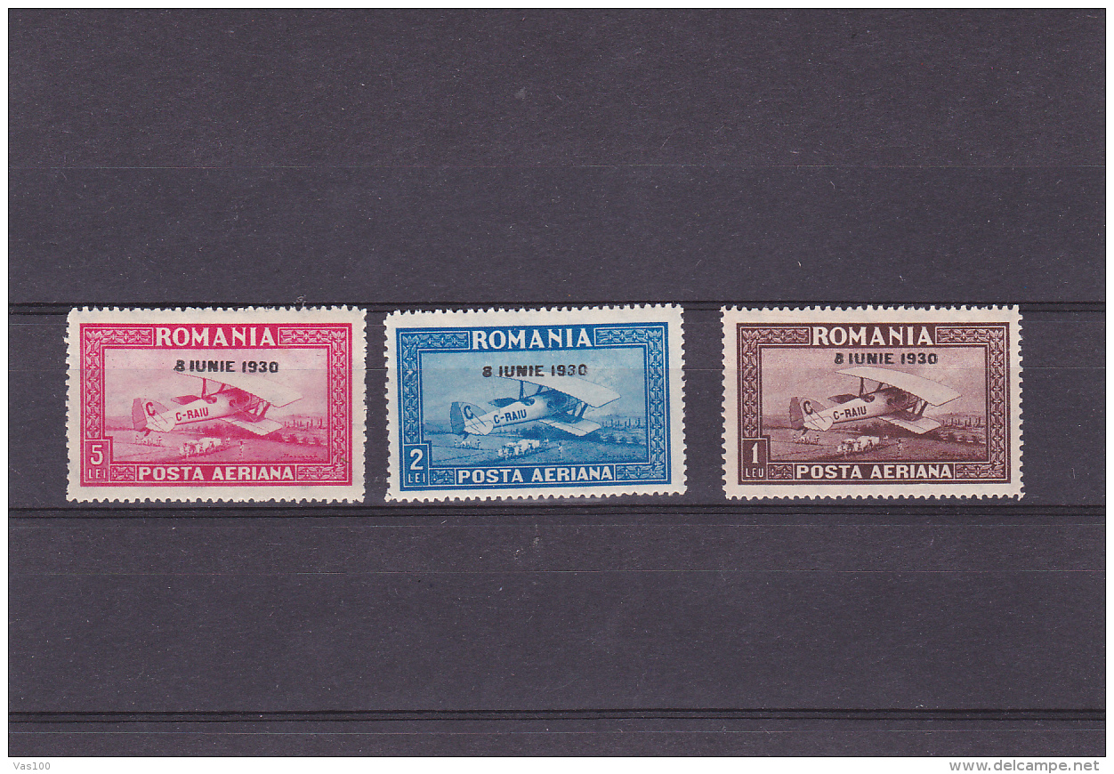 # 186  PLANE, AIRMAIL, 1930, Mi 372-374, MNH**, OVERPRINT, ORIZONTAL WATERMARK, FULL SET , ROMANIA - Unused Stamps